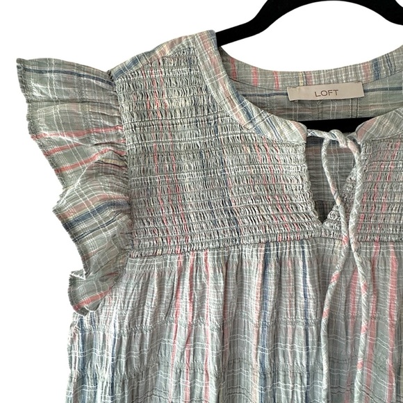 LOFT PLAID SMOCKED RUFFLE TIE NECK TOP | SIZE: LARGE - Picture 2 of 9